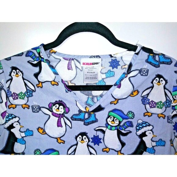 ScrubStar Nurses Shirt Penguins scrub top XS Penguin Lovers Cotton short sleeve - Picture 2 of 6